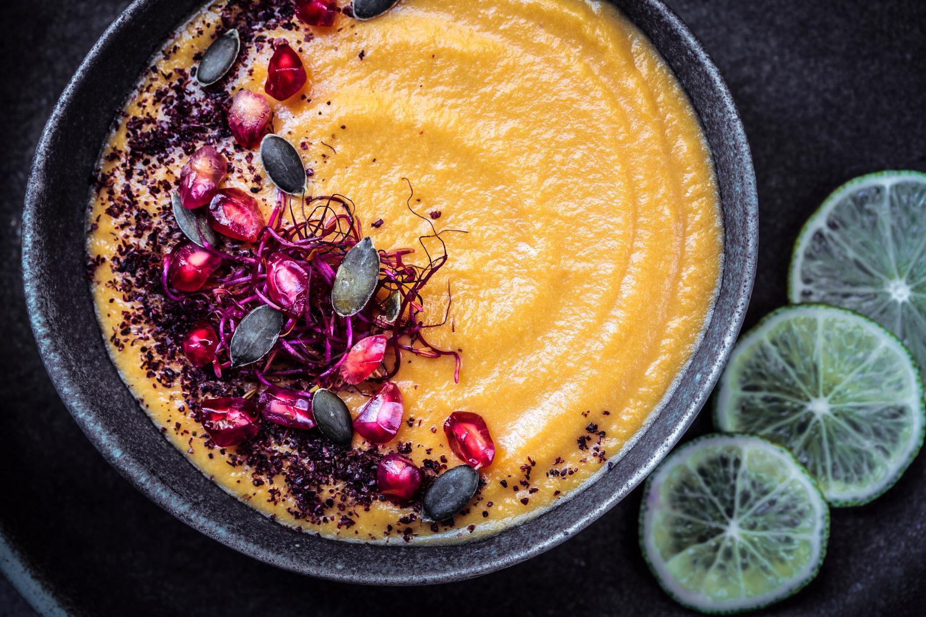 A close-up of pumpkin soup.