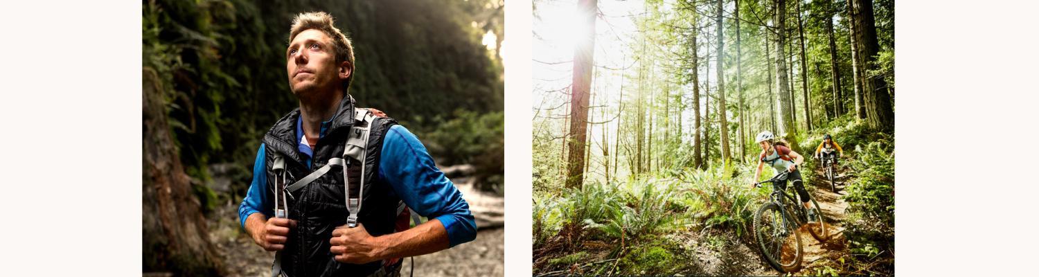2 image collage of a group in the Redwoods near the San Francisco bay area, and a couple mountain biking on the Redwoods trail.