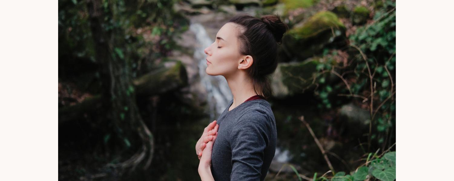 A woman forest bathing at Canyon Ranch Woodside Redwood Forest
