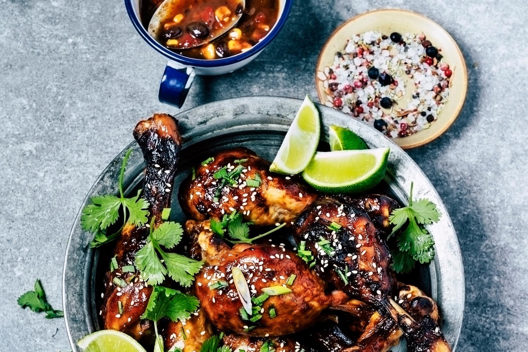 A plate of orange-glazed chicken with screamin' ginger salsa.