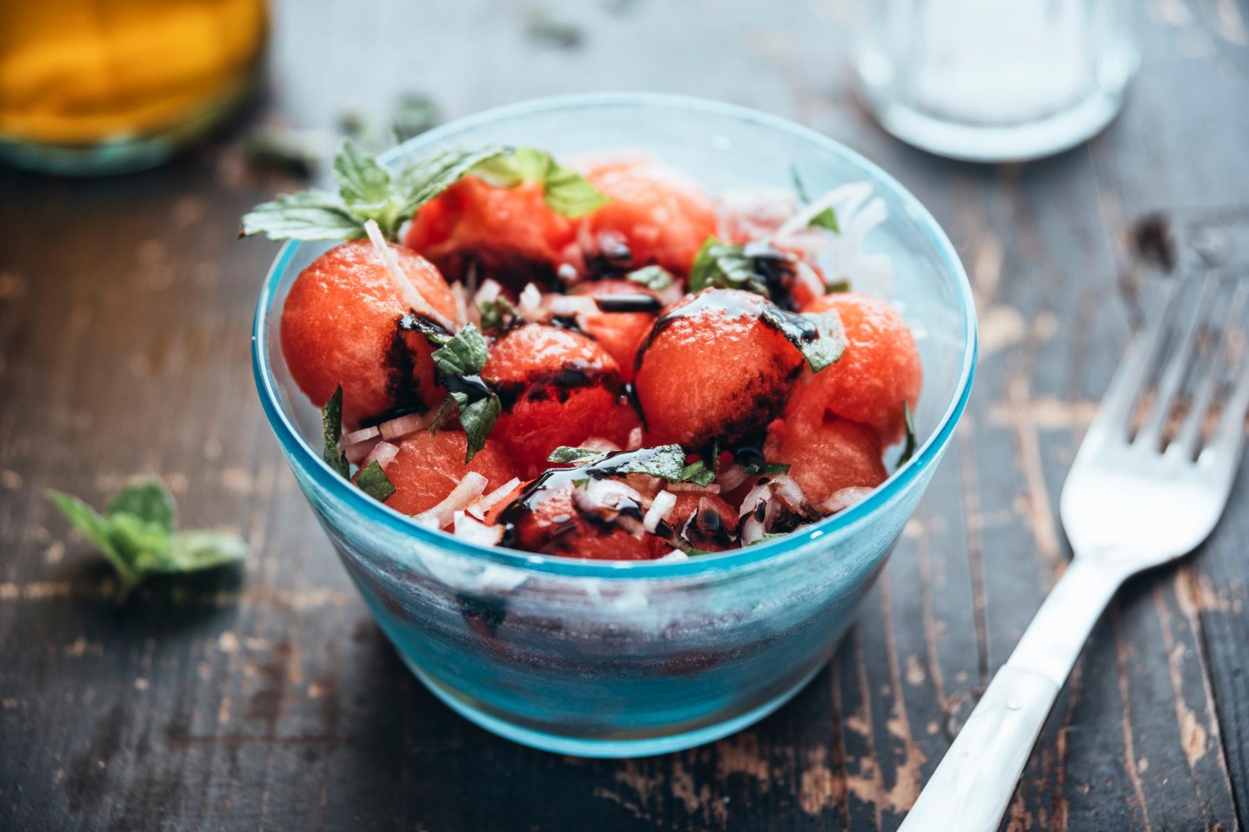 Blue bowl of watermelon salsa.