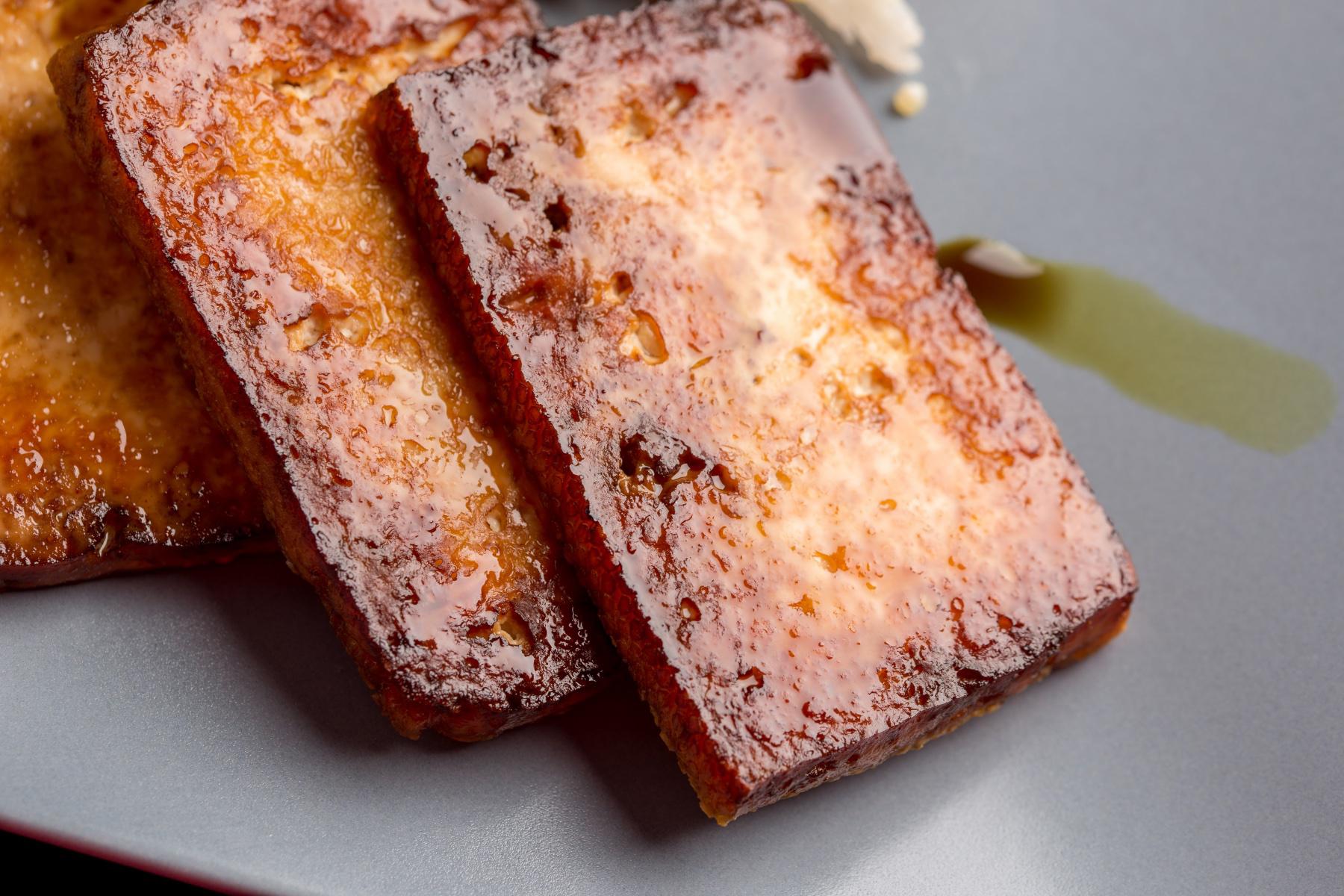 Close-up of sliced tofu.