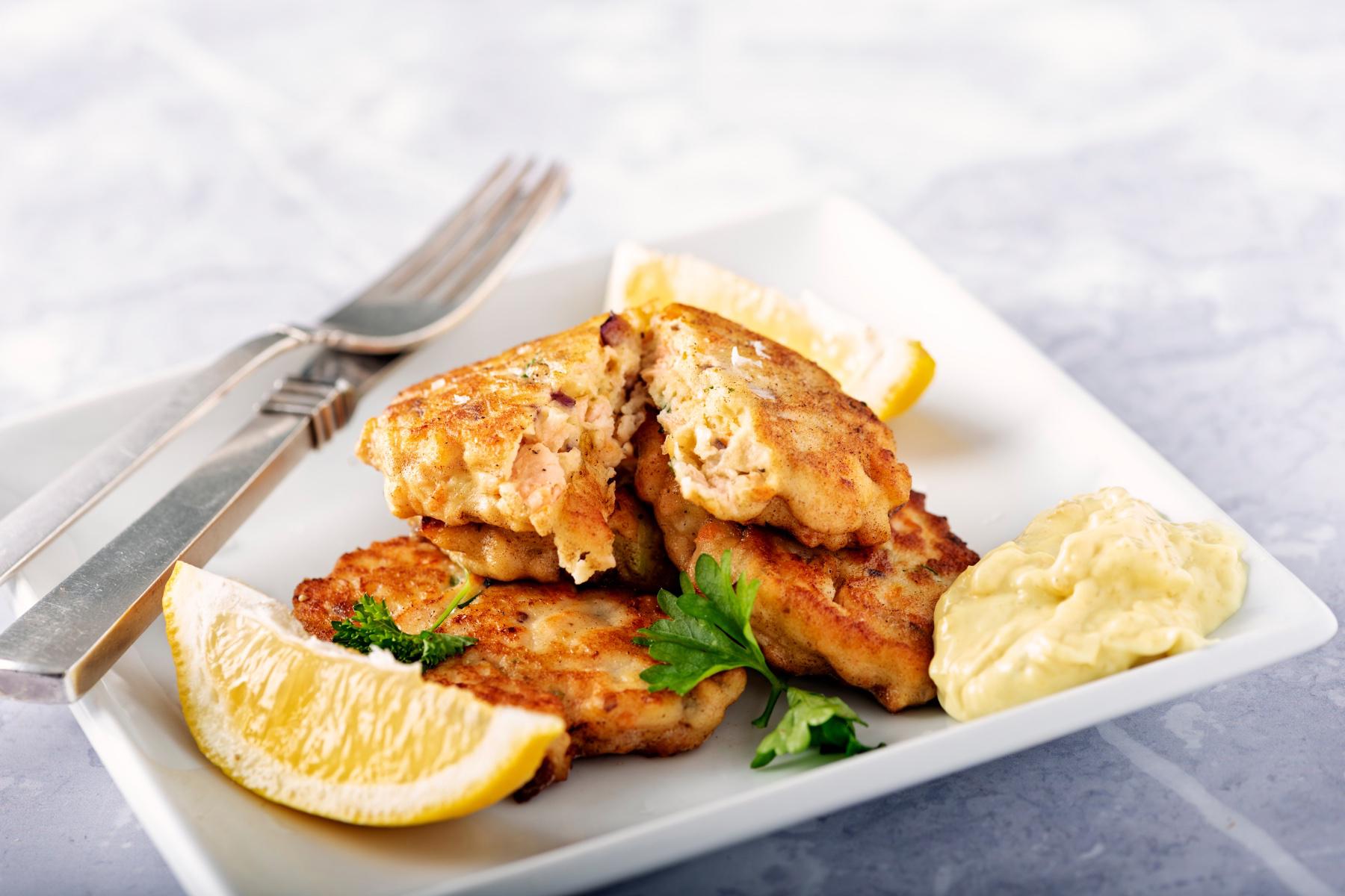 A plate of salmon cakes.