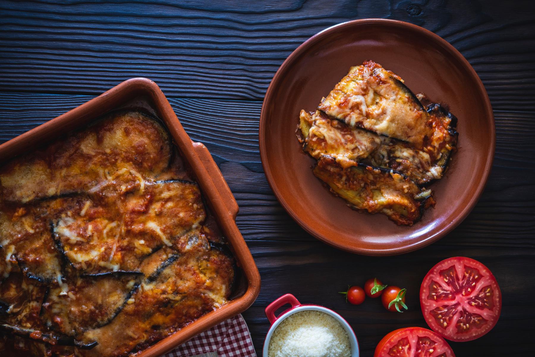 Two plates of moussaka.