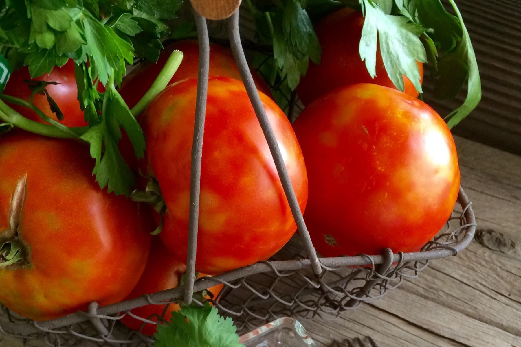 Close-up of basket of tomatoes.