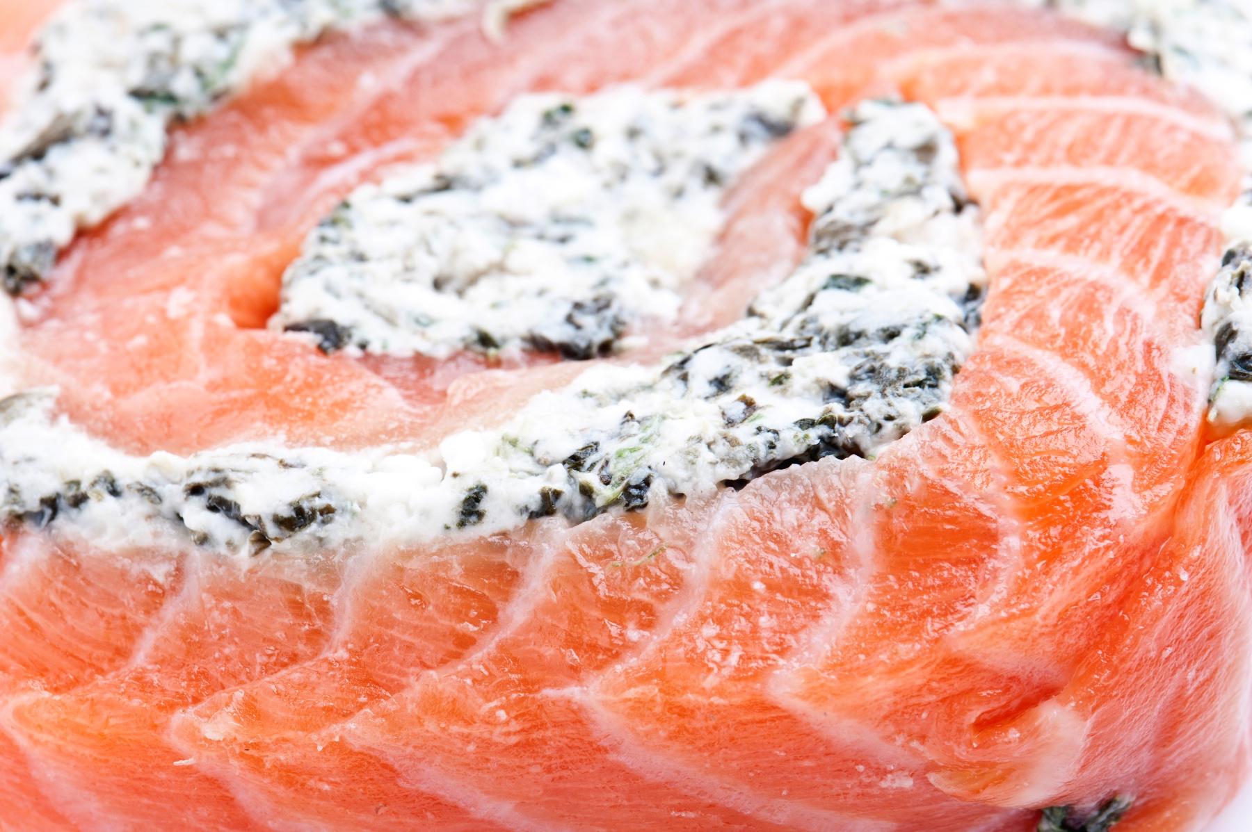 Close-up of a salmon pinwheel.