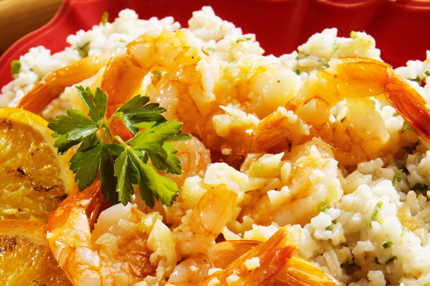Close-up of shrimp with roasted red pepper vinaigrette.