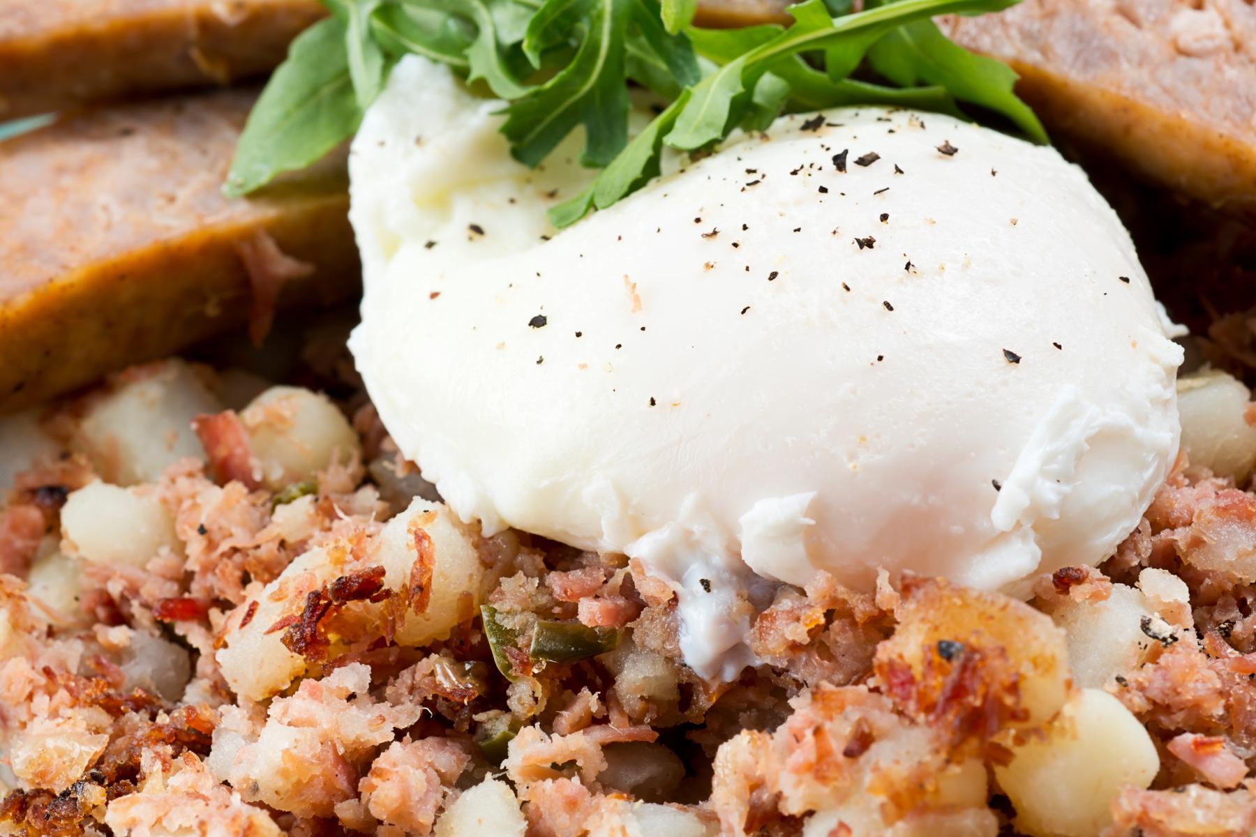 A close-up of a poached egg.