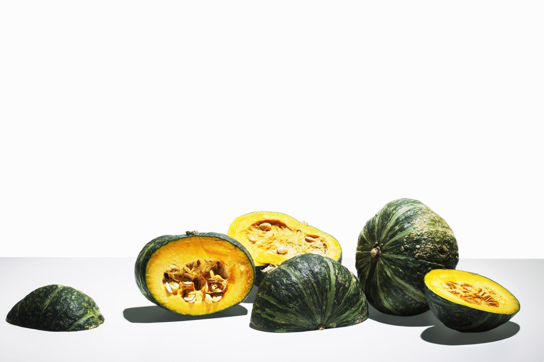 Kabocha squash cut in half.