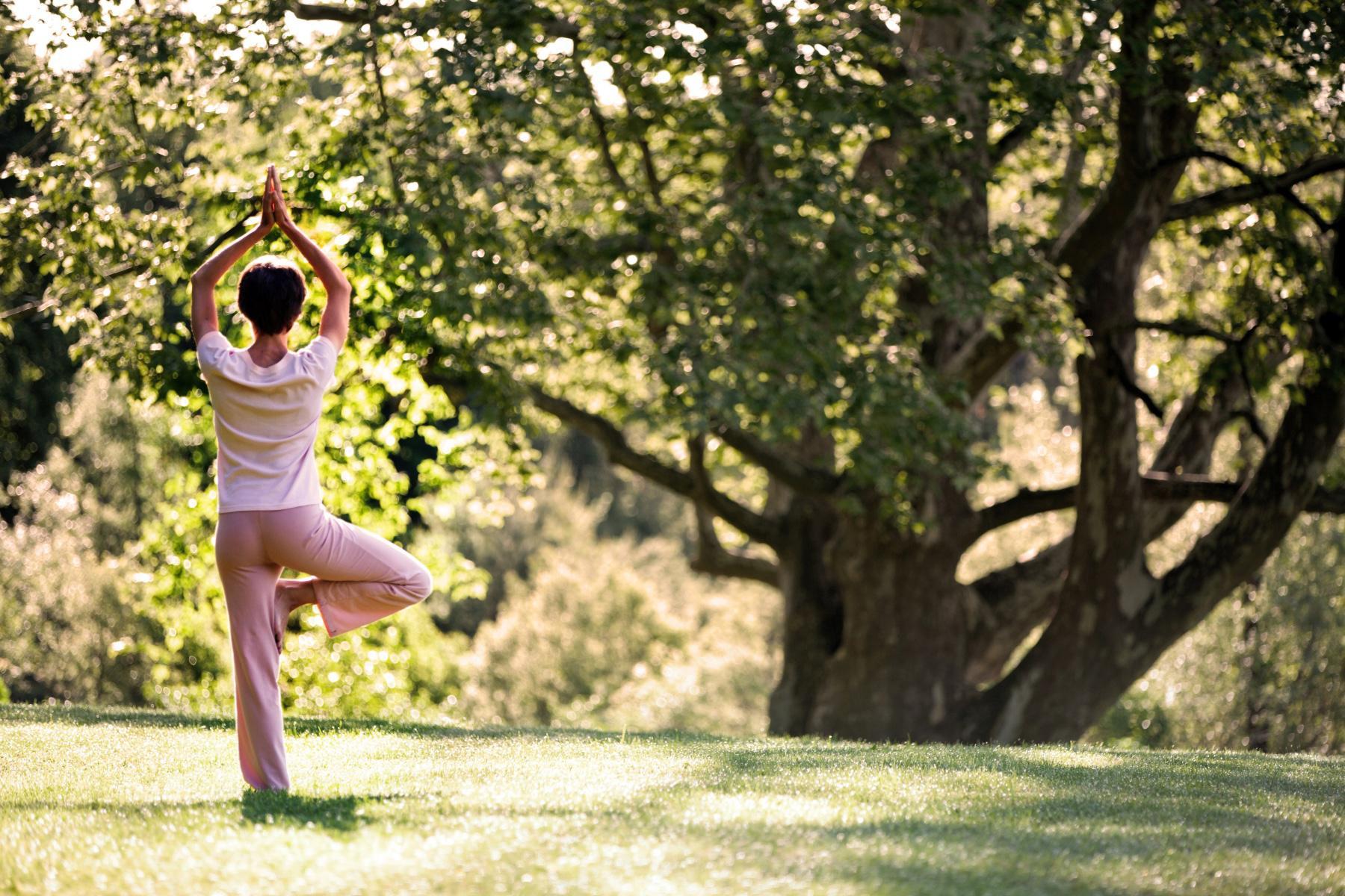 back of woman in pink shirt and pants against a green forest background doing tai chi pose