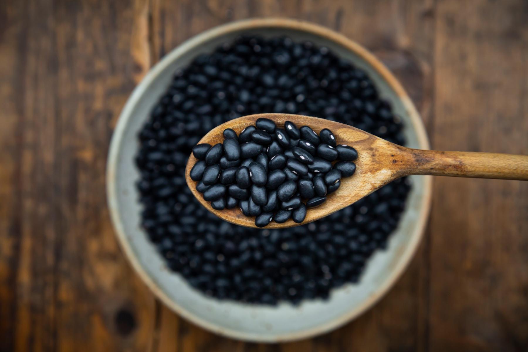 close-up of a spoonful of black beans