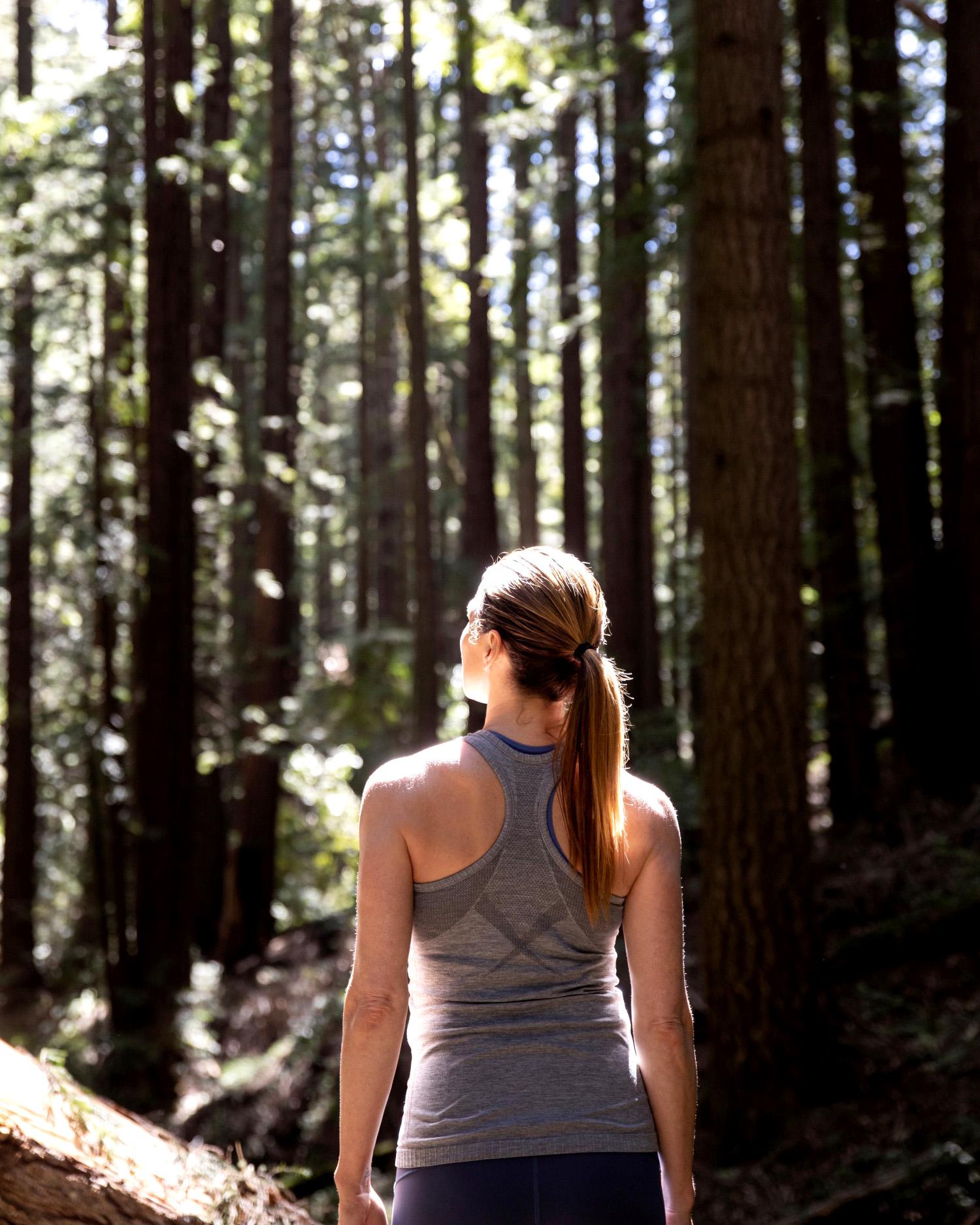 Image of woman standing among Redwood trees.