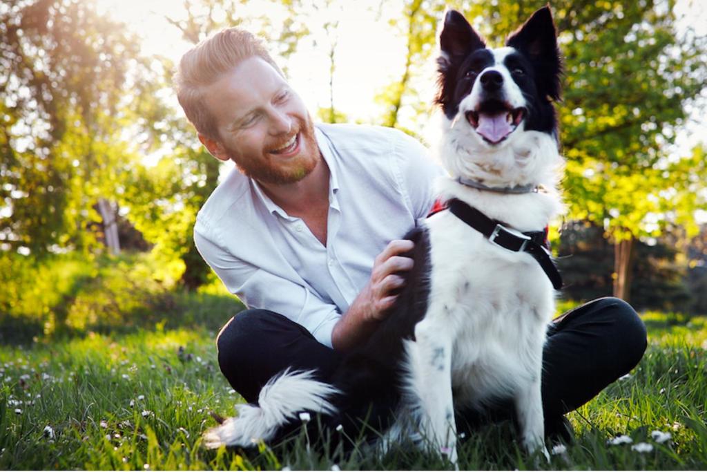 A Man with a border collie in the sunshine