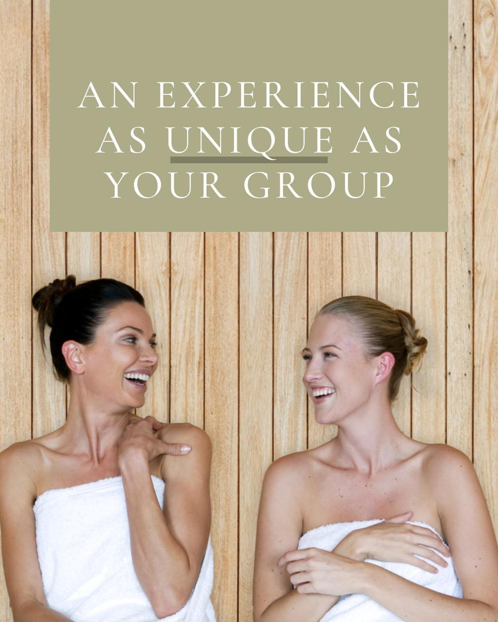 Graphic of two women laughing in the sauna with words an experience as unique as your group