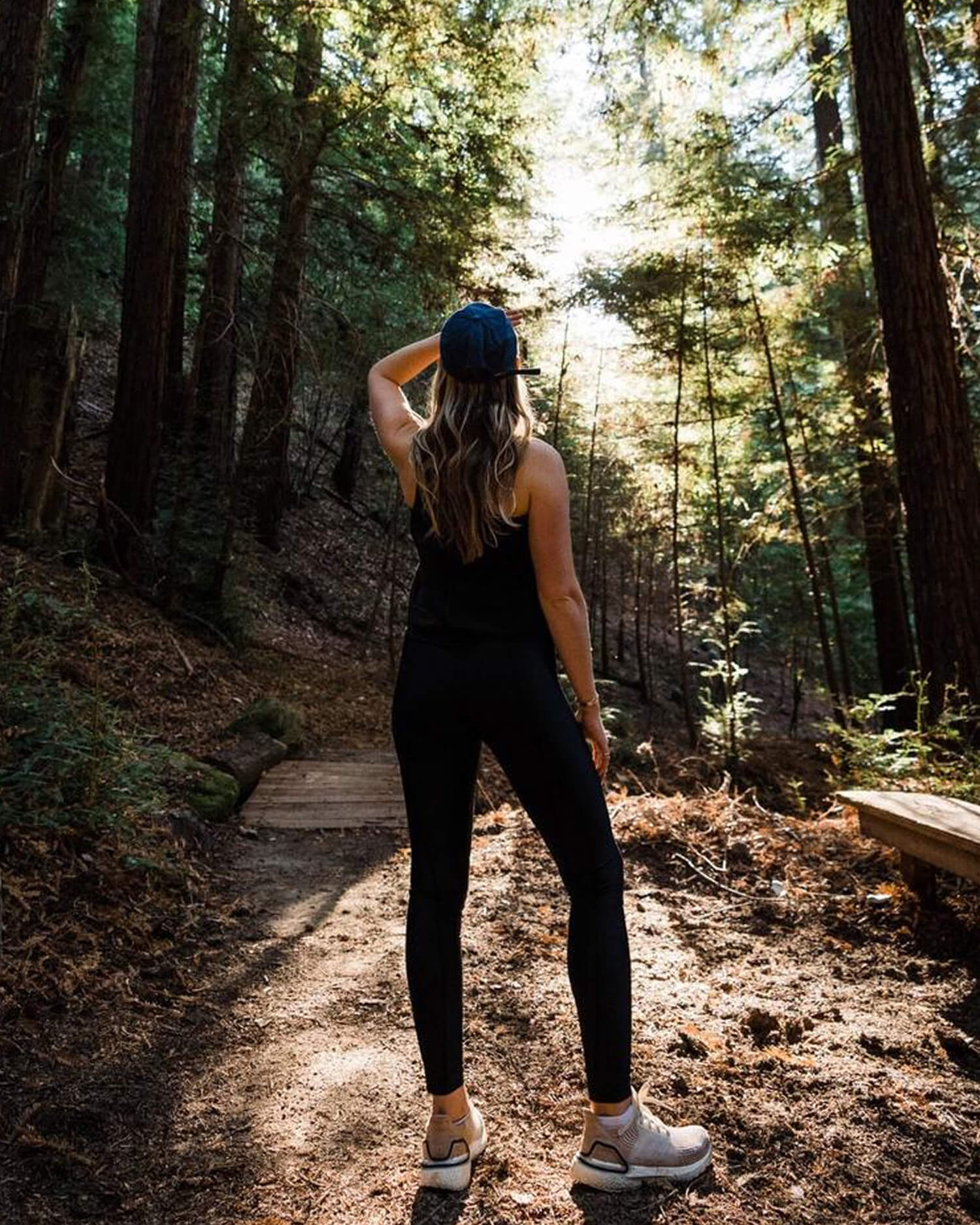 A woman standing in the Redwood Forest looking at the trees