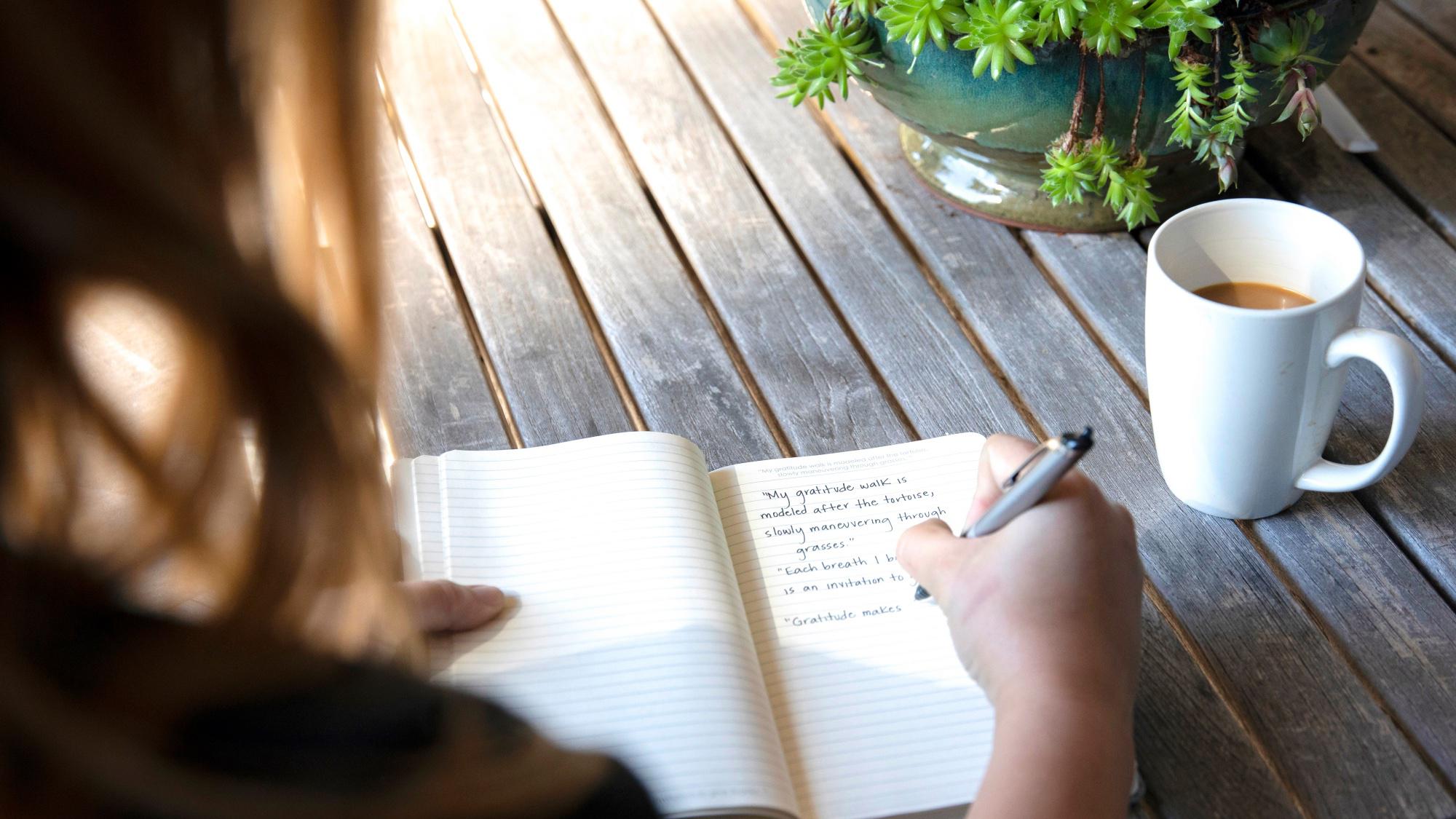 Person having coffee while writing in journal
