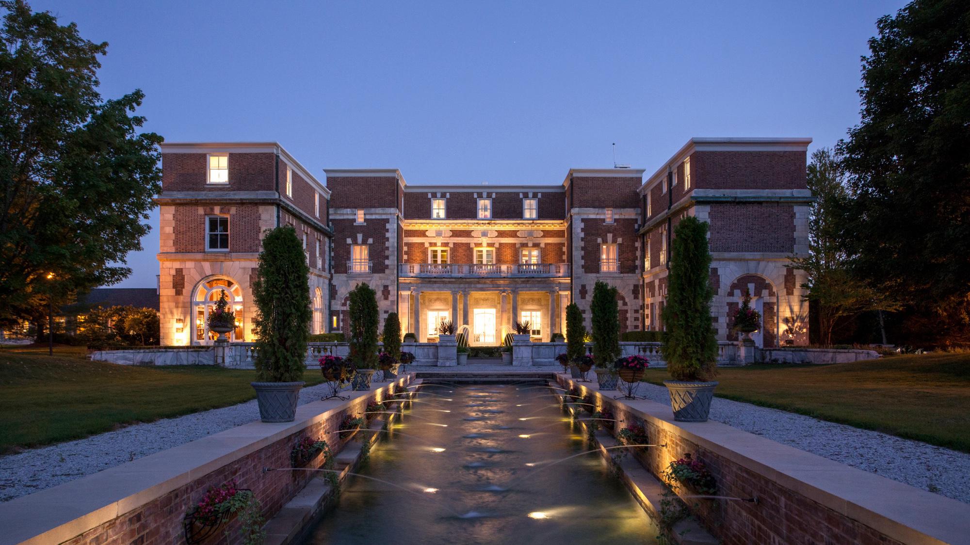 Bellefontaine Mansion at night.