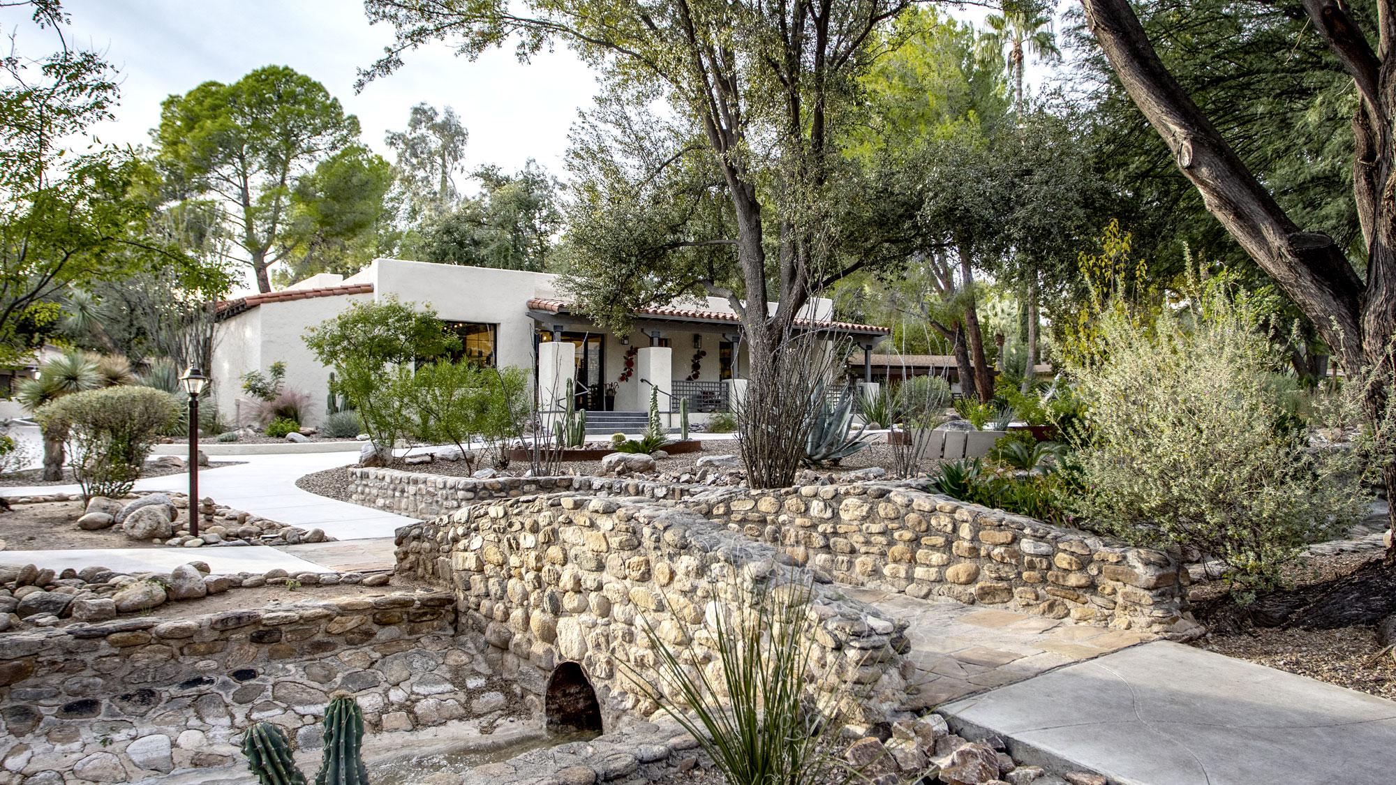Walking bridge leads to CR Shops in the beautiful interior of Canyon Ranch in Tucson.