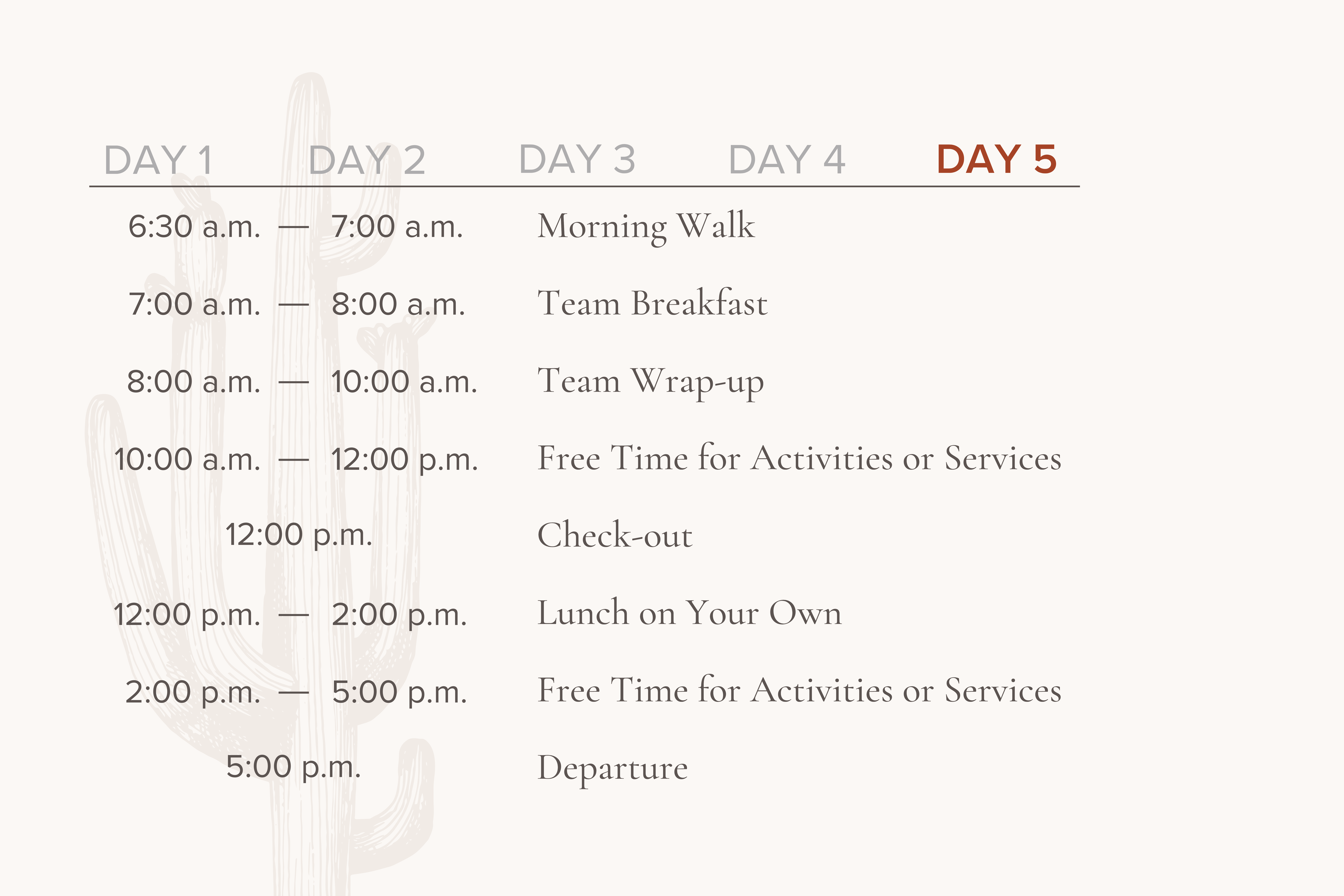 Day 5 Itinerary at Canyon Ranch Company Group Retreat