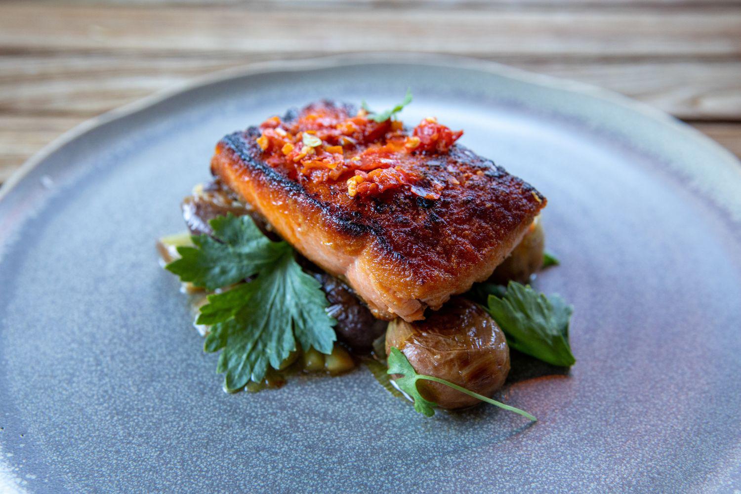 Image of healthy salmon dish on plate at Canyon Ranch Lenox Spa + Health Resort