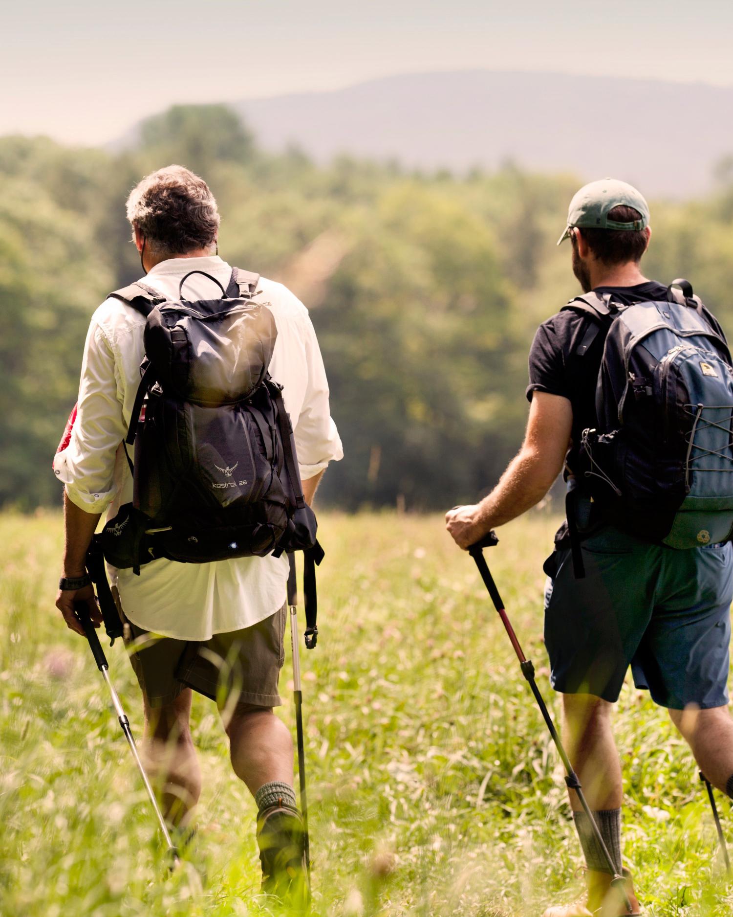 Image of two men hiking through grassy field.