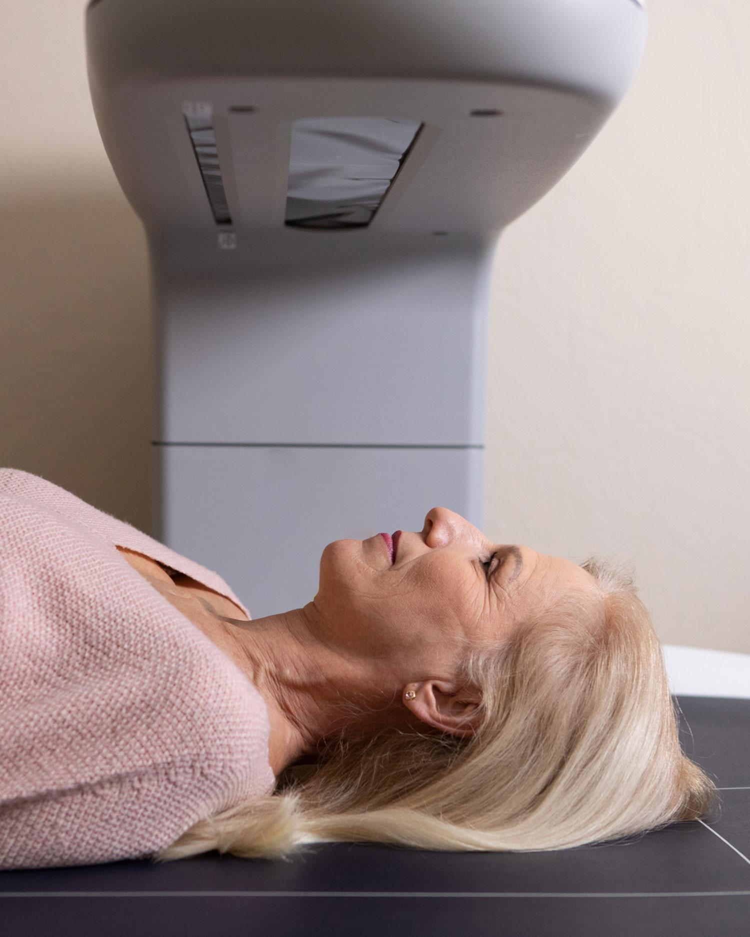Close-up image of a woman's upper half during a body scan at Canyon Ranch.