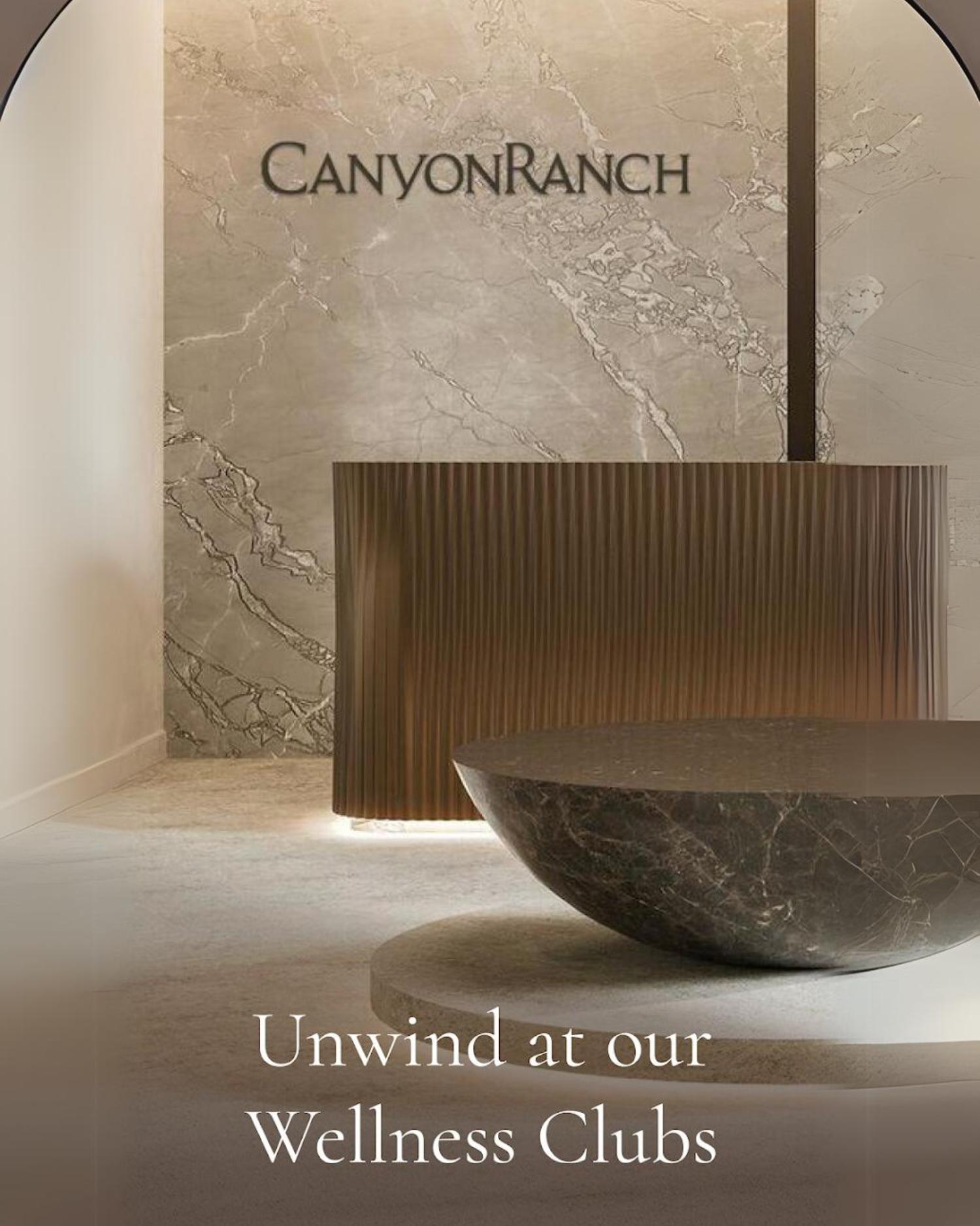 a picture of the spa desk from the Canyon Ranch Fort Worth Club with promotional text