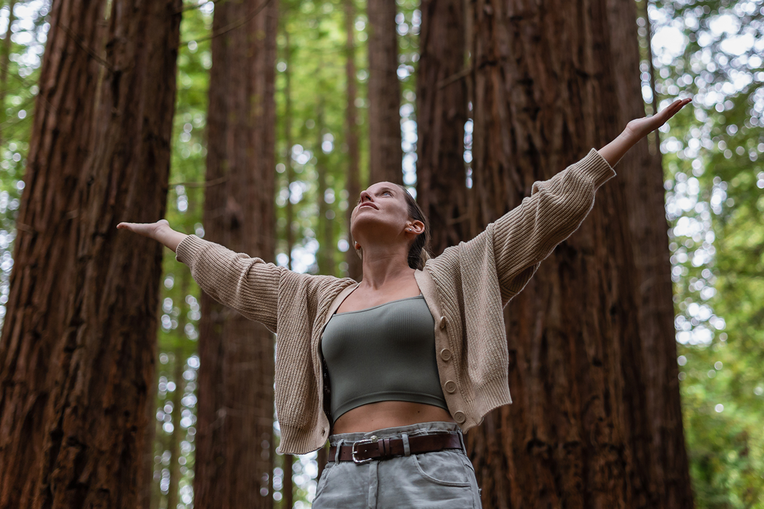 a woman in the redwood forest at Canyon Ranch Woodside