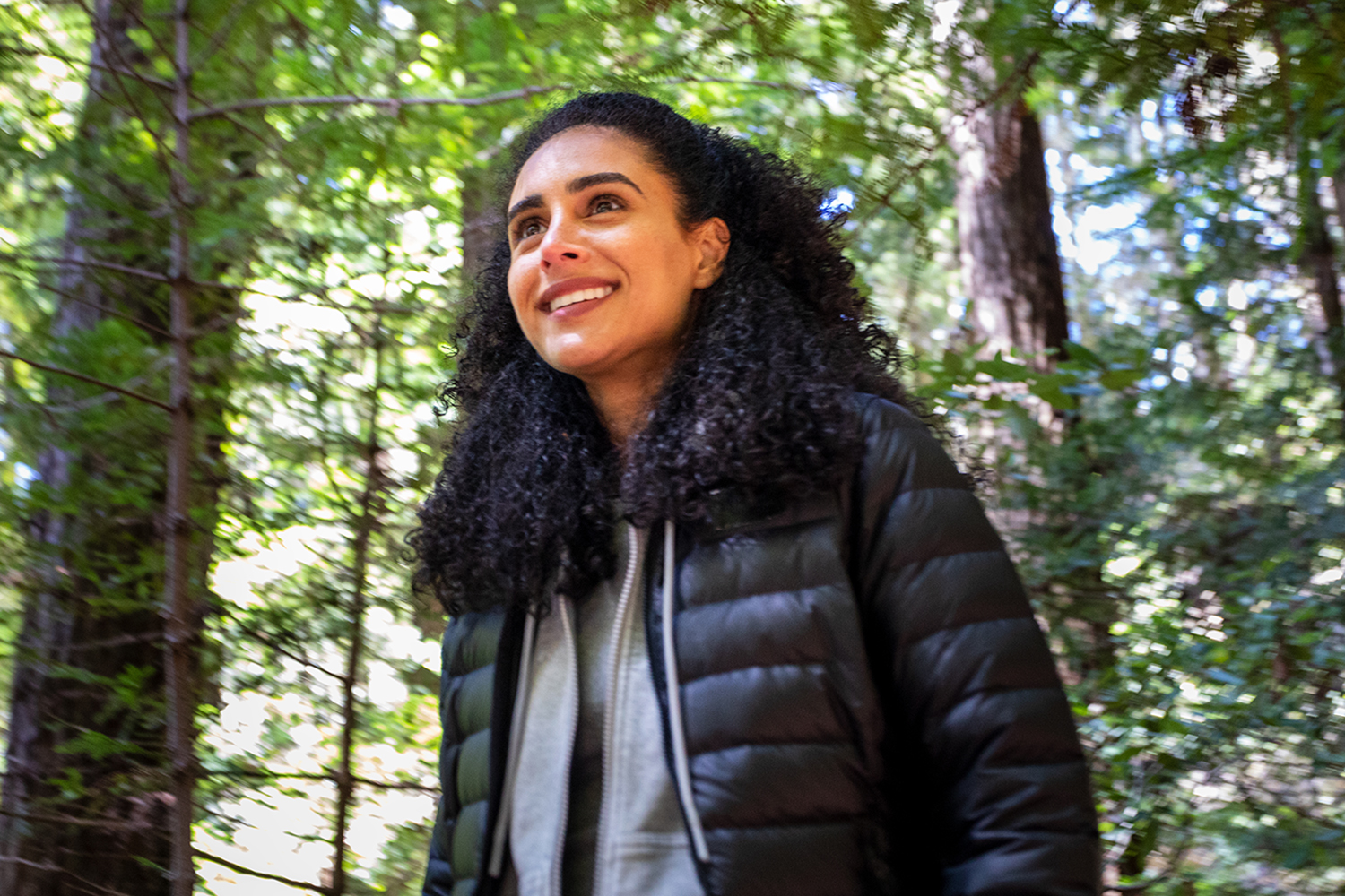 a woman hiking in the redwoods