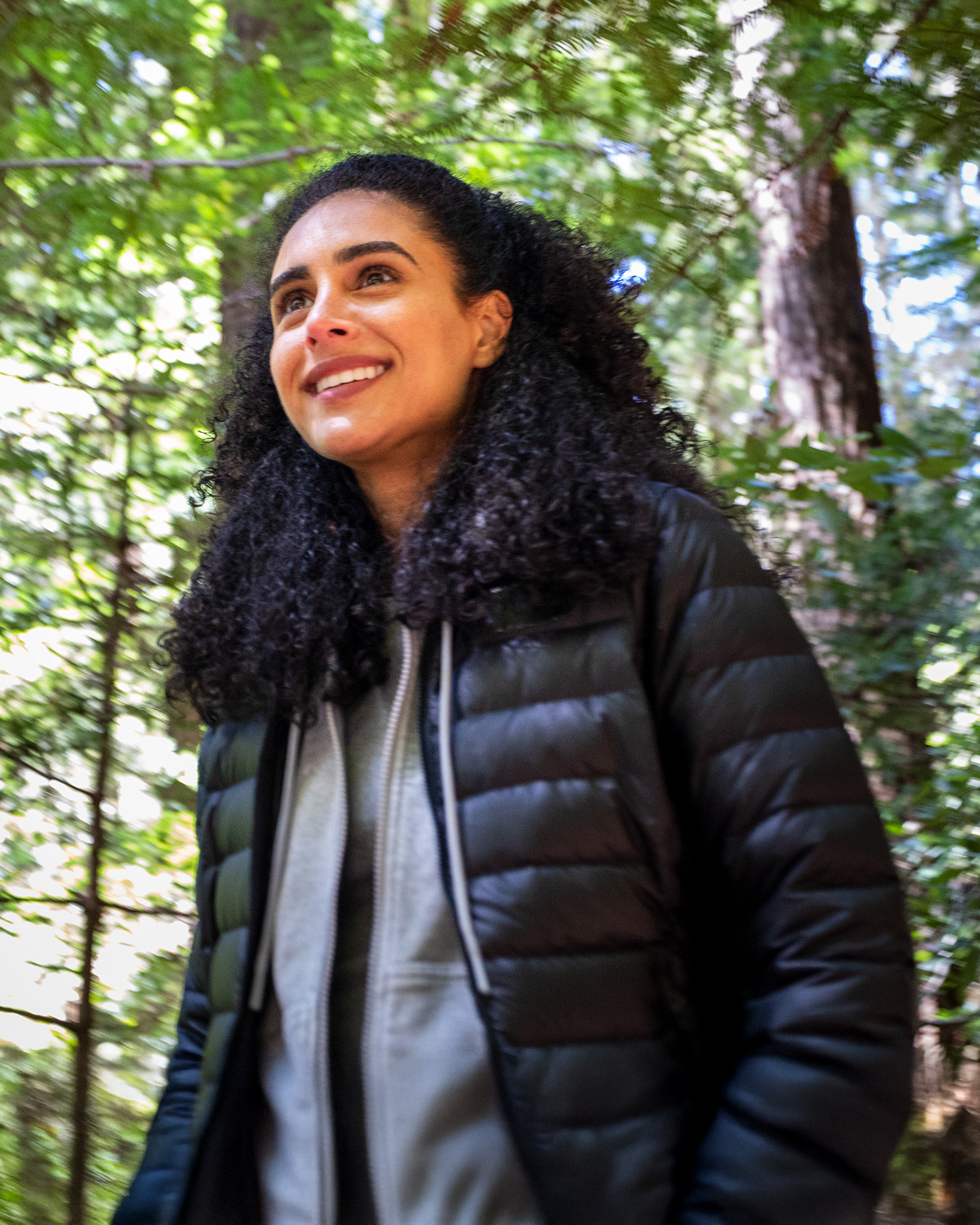 a woman hiking in the redwoods