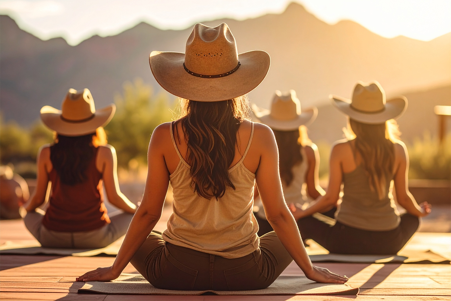 a group of cowgirls doing yoga