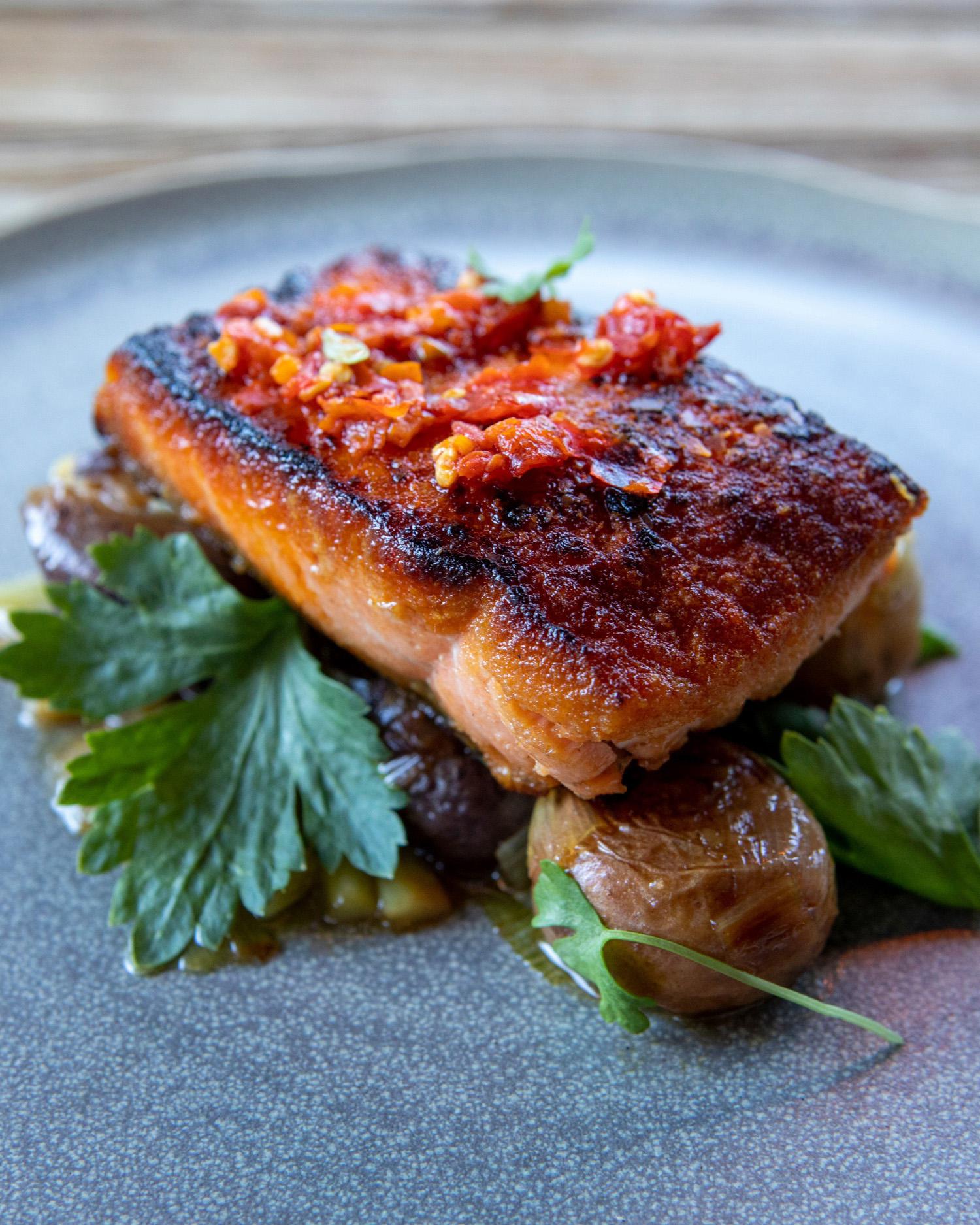Image of healthy salmon dish on plate at Canyon Ranch Lenox Spa + Health Resort