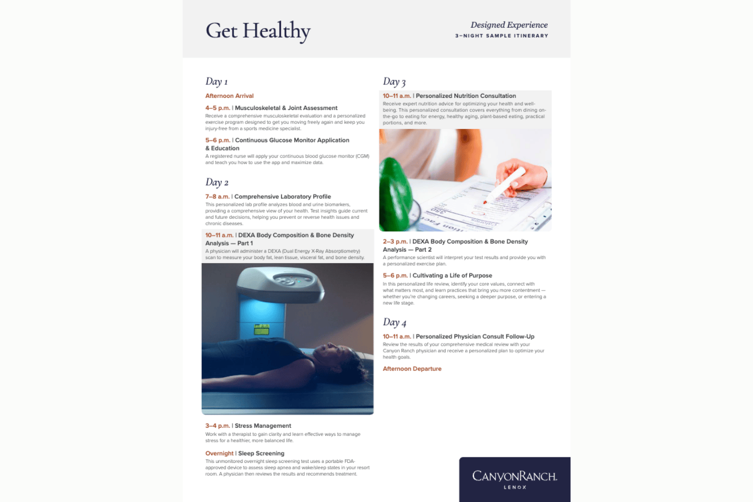 Get Healthy Designed Experience 3 Day Sample Itinerary