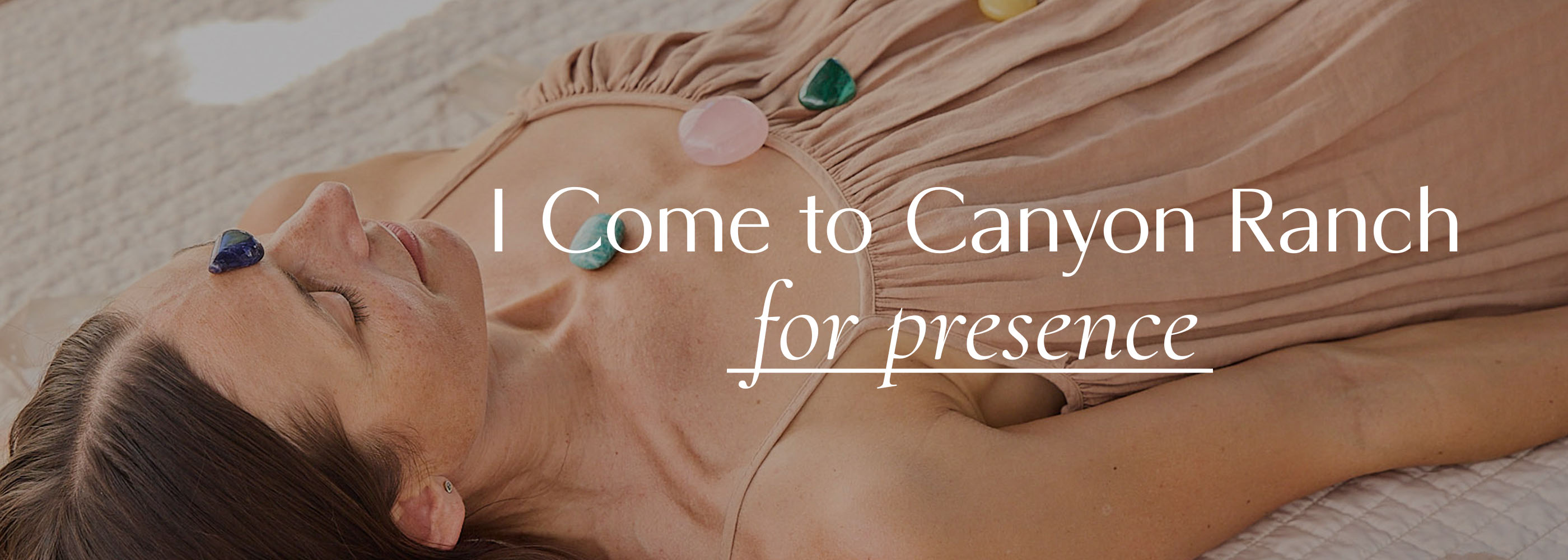 Kate at a Chakra Balancing Massage with text I come to Canyon Ranch for Presence 