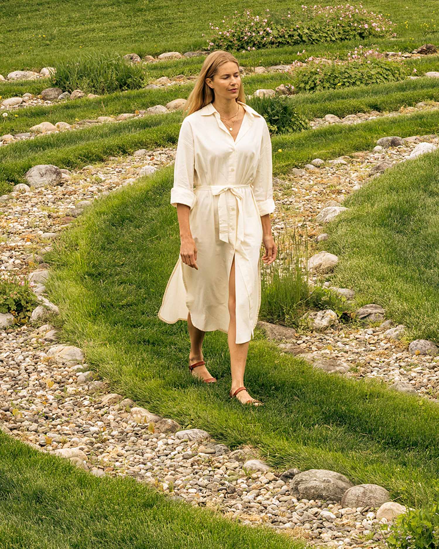 a woman walking peacefully