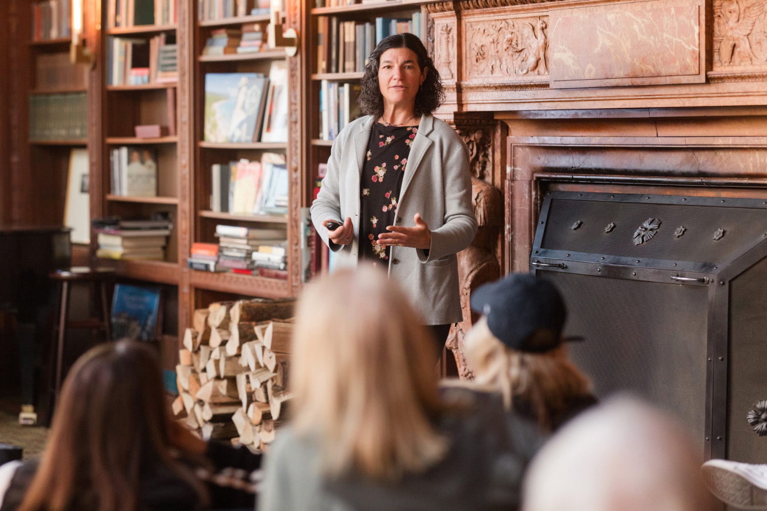 a woman giving a lecture