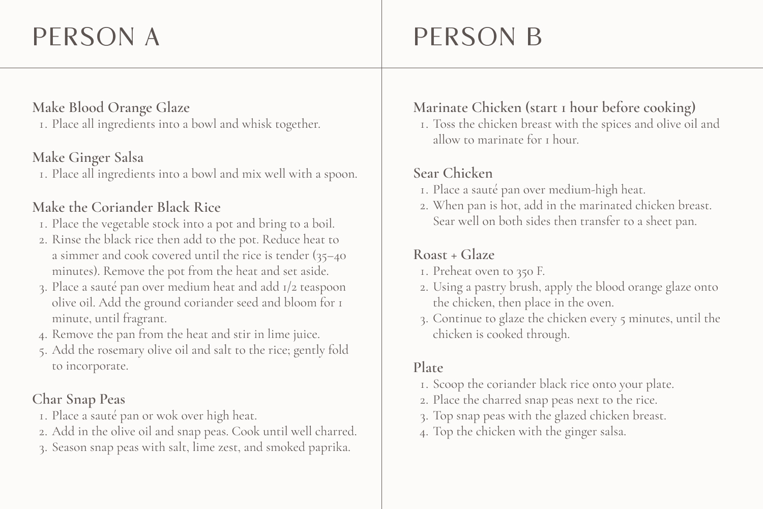 a table of the instructions for two people listed below
