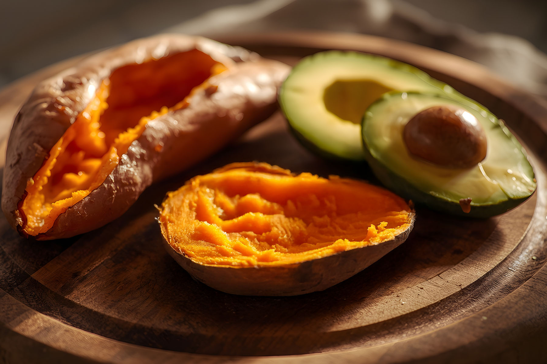 open Sweet Potato & Avocado on a wooden board