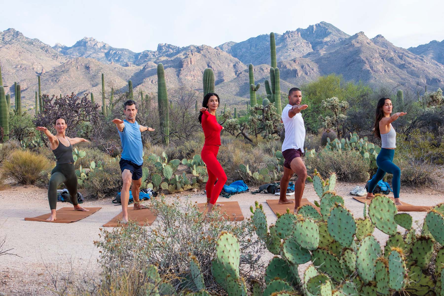 a group of people doing yoga in the Sonoran Desert