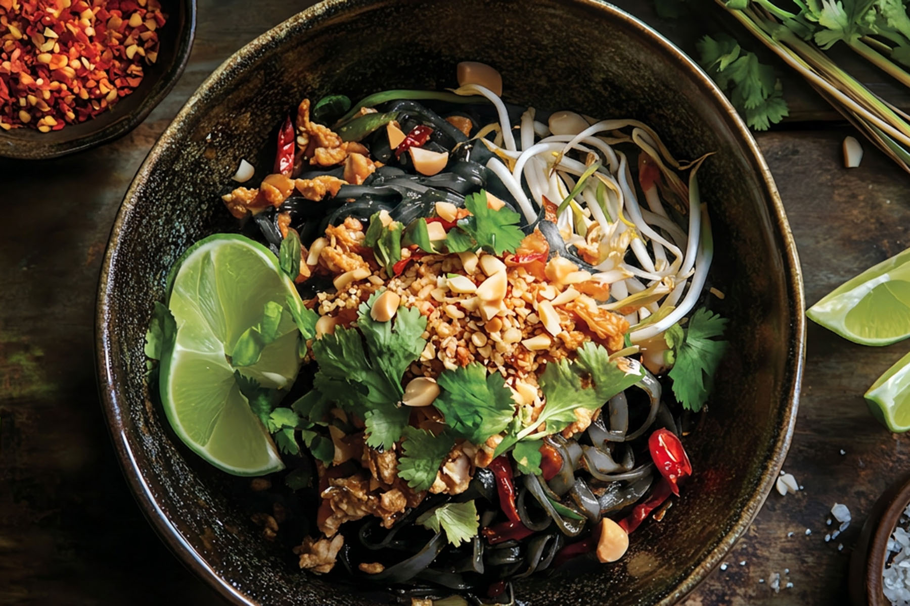 a bowl of black bean pad thai