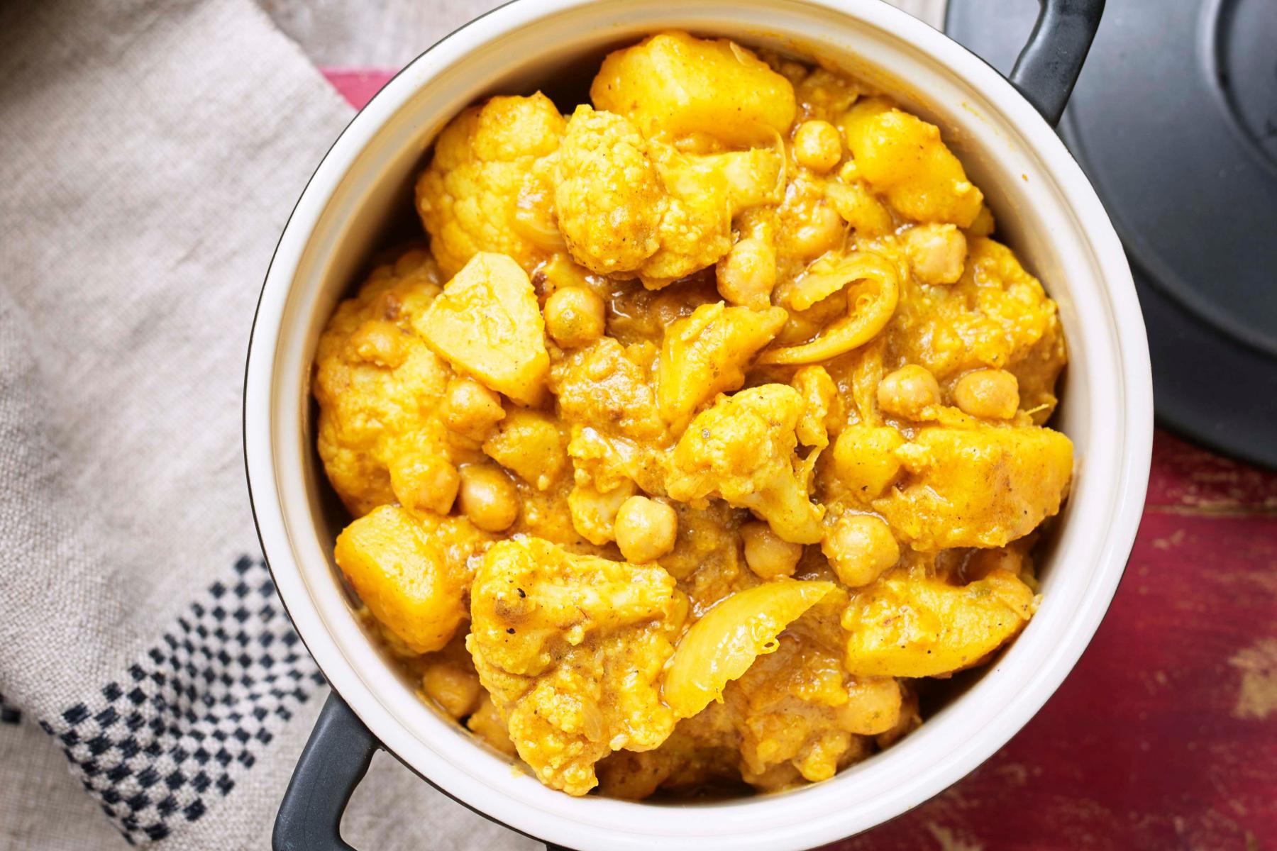 Overhead view of a bowl of spicy cured cauliflower.