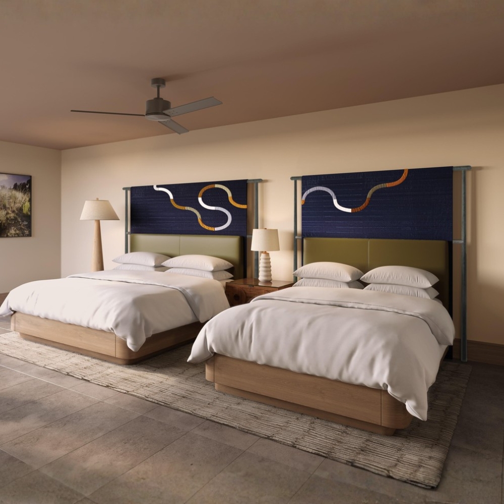 Two queen beds with white linen-covered beds