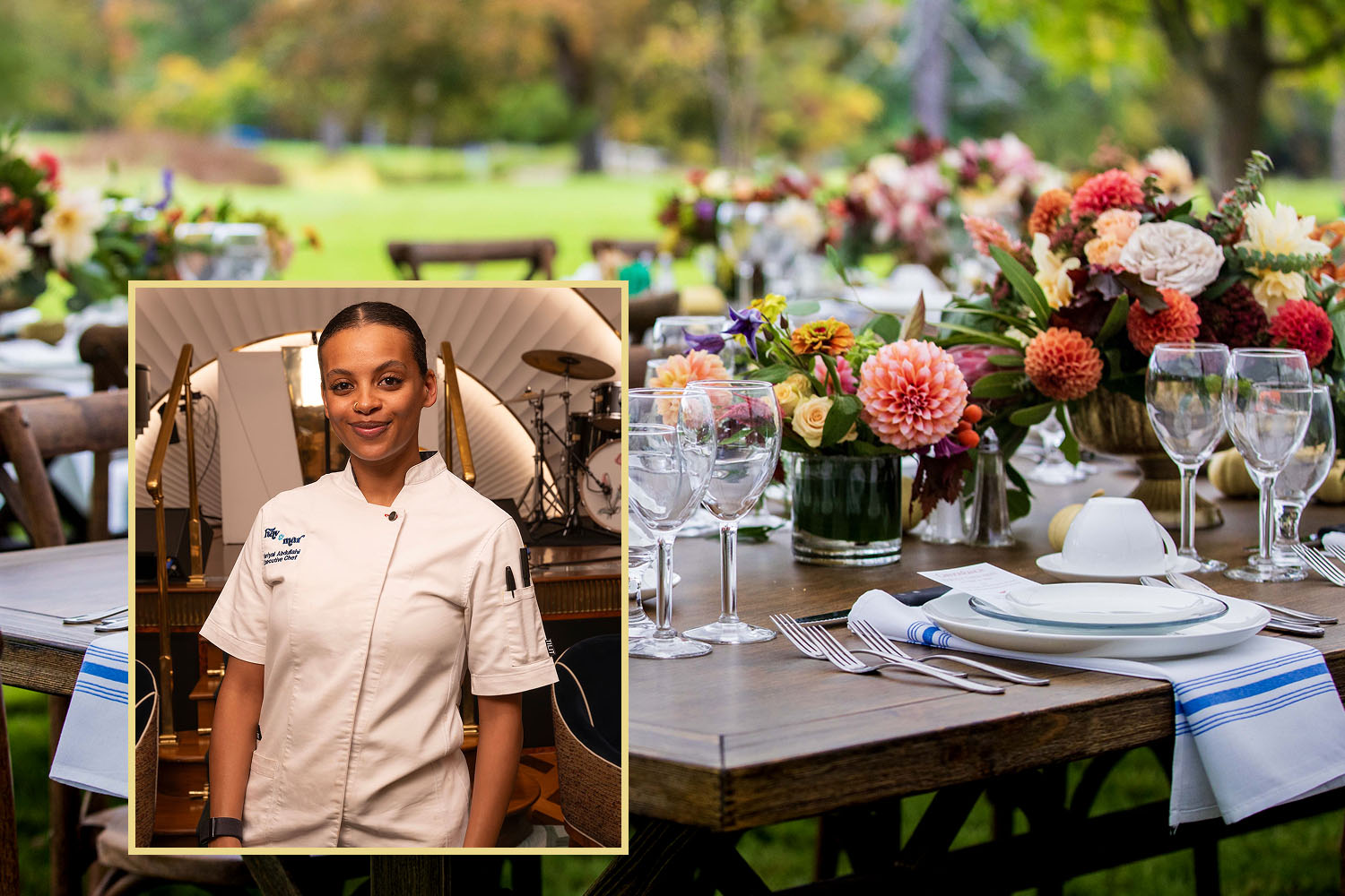 A picture of the Great Lawn at Canyon Ranch Lenox with an inlay image of Fariyal Abdullahi