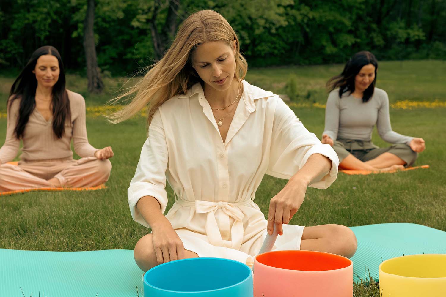 Woman Performing a Sound Bowl Session Outdoors 