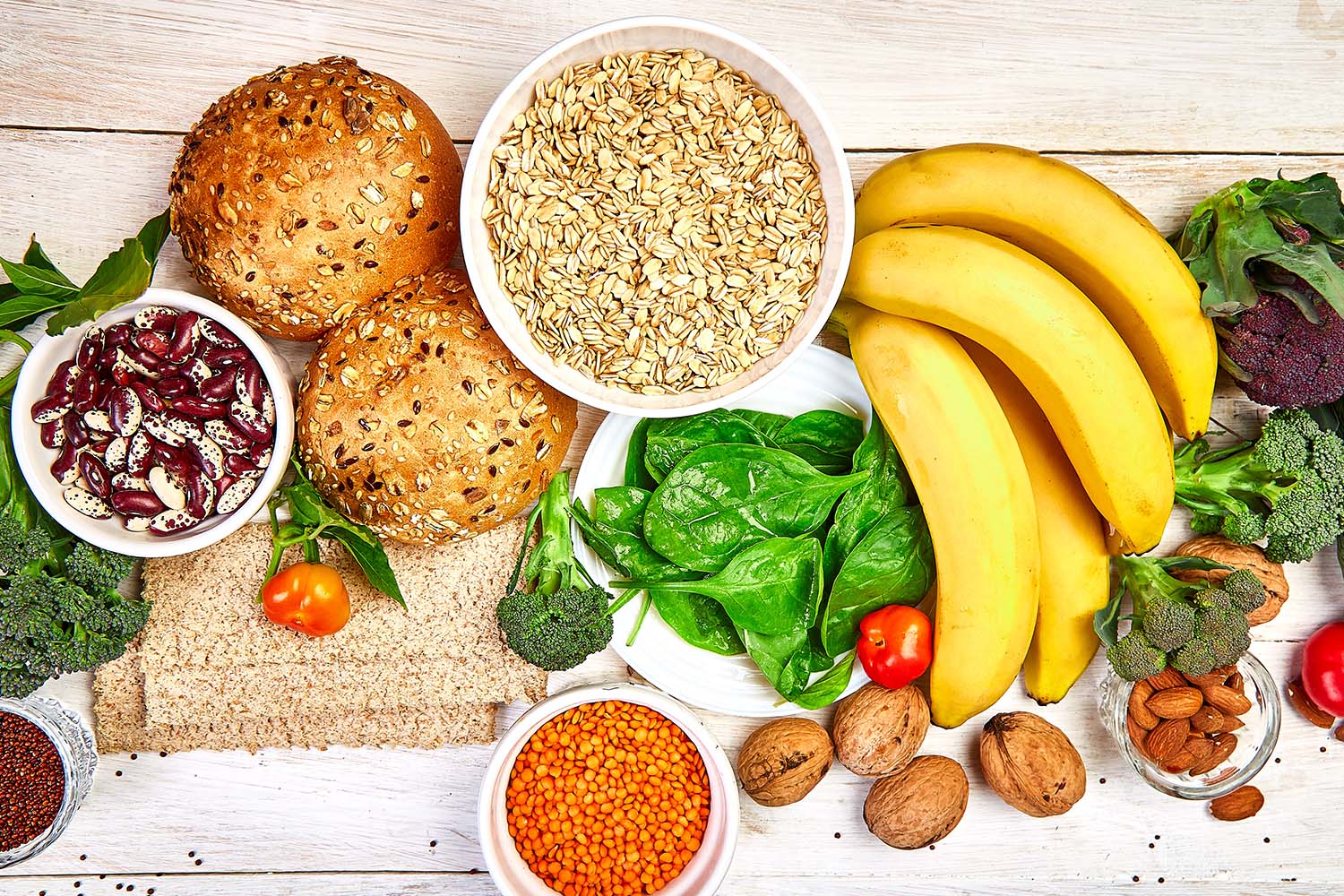 a spread of fruits and grains
