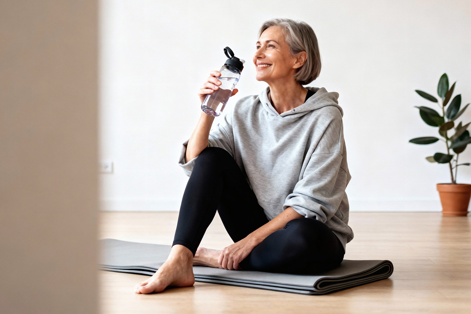 a older woman drinking water after a workout