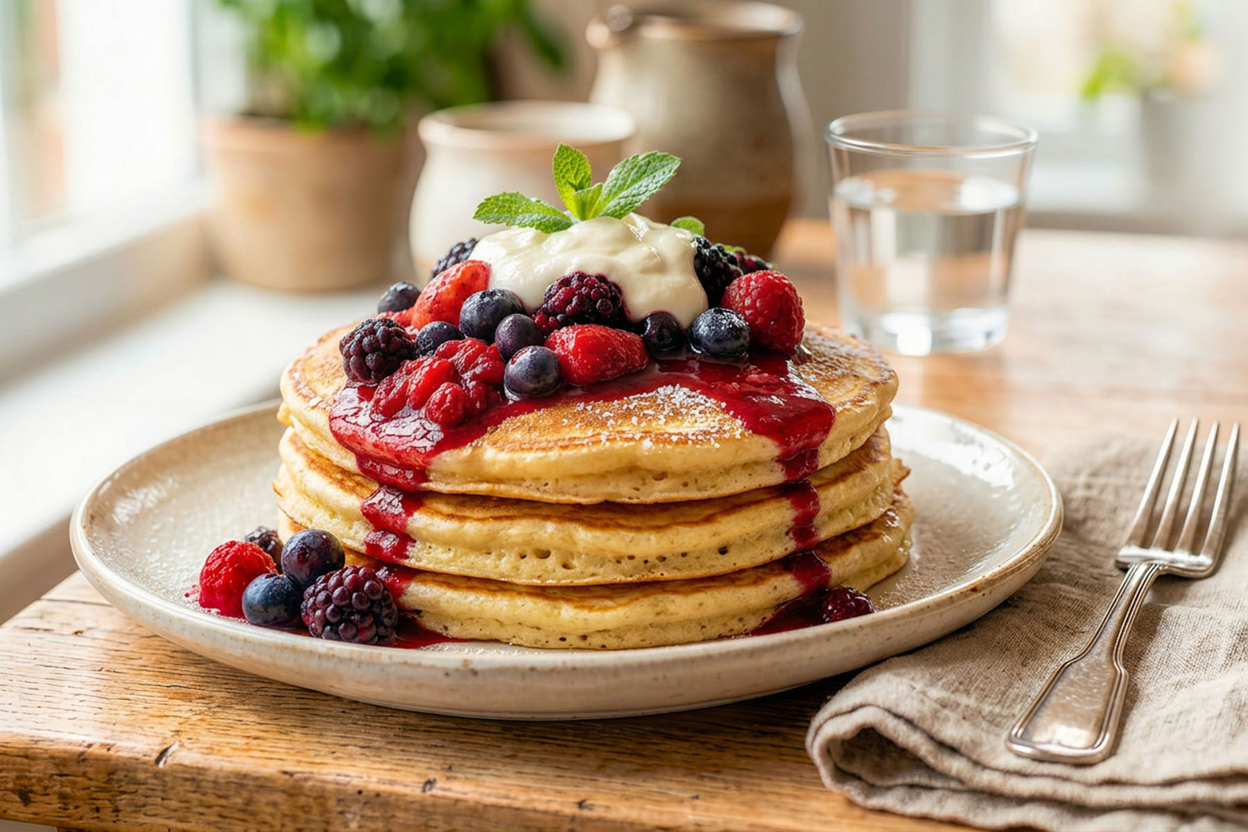 a stack of pancakes with different berries on top