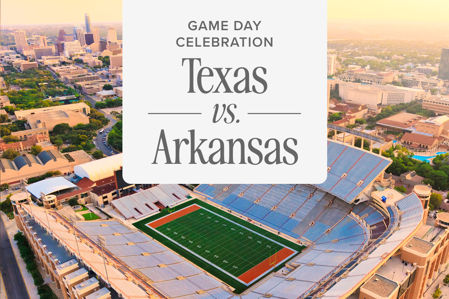 a woman standing in a football stadium cheering with a graphic that says "Texas Vs. Arkansas"