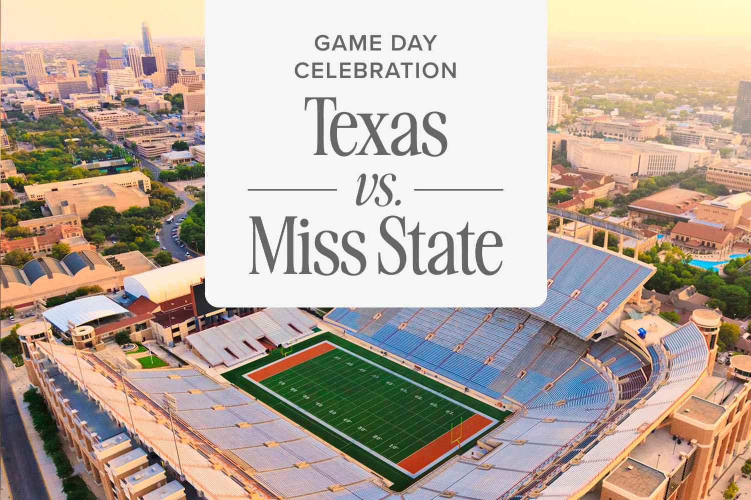 the Texas University Football Stadium with a graphic over that says "Texas VS. Miss. State