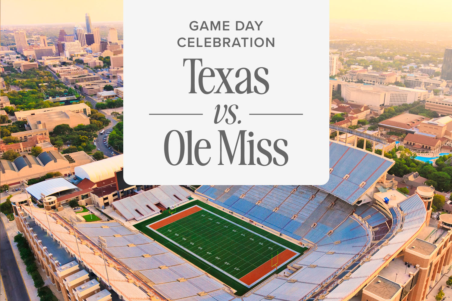 The Texas University Stadium with a copy component over it that says "Texas. Vs. Ole Miss"